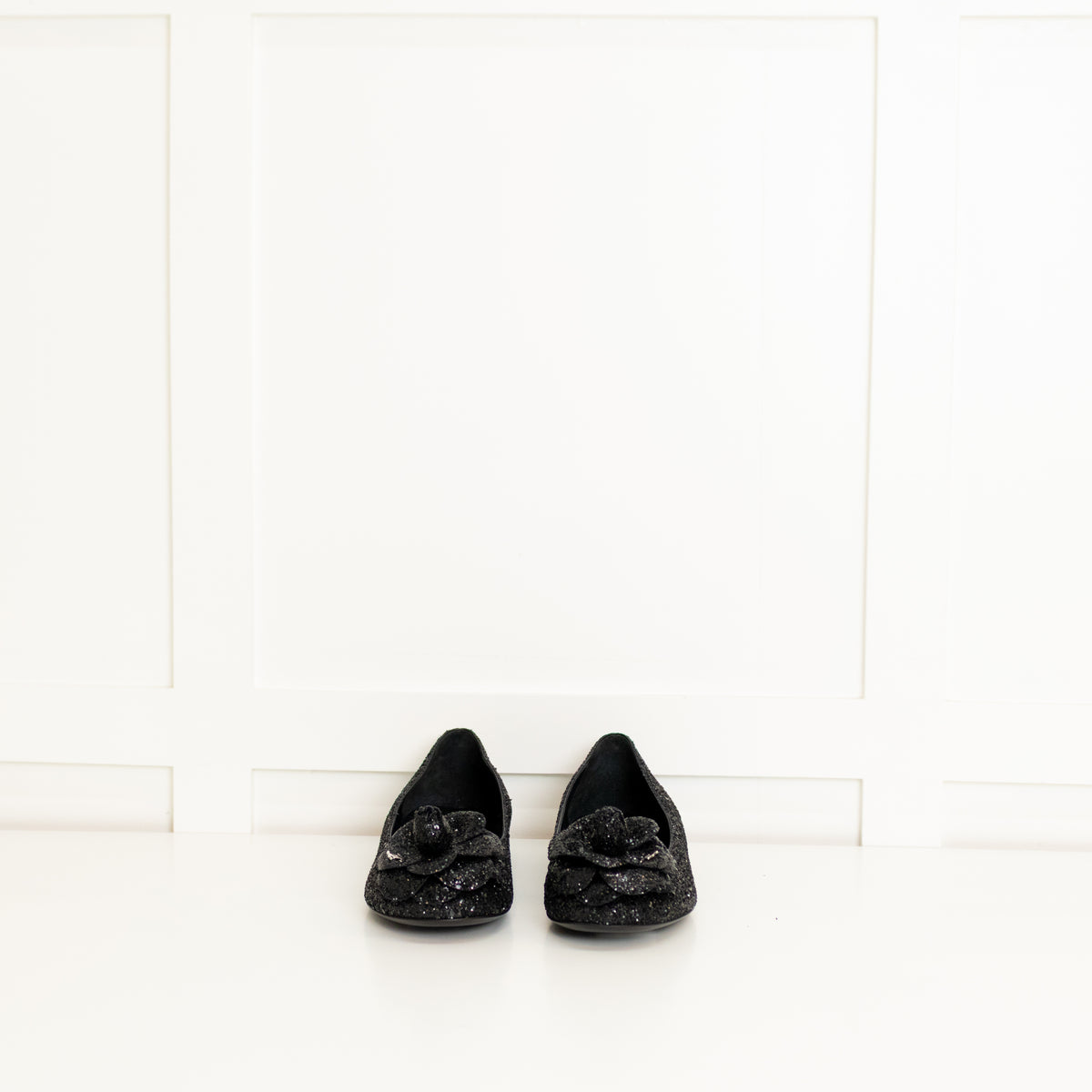 Chanel Black Glitter Camelia Flat Ballerinas