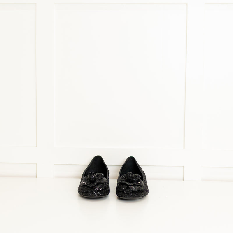 Chanel Black Glitter Camelia Flat Ballerinas