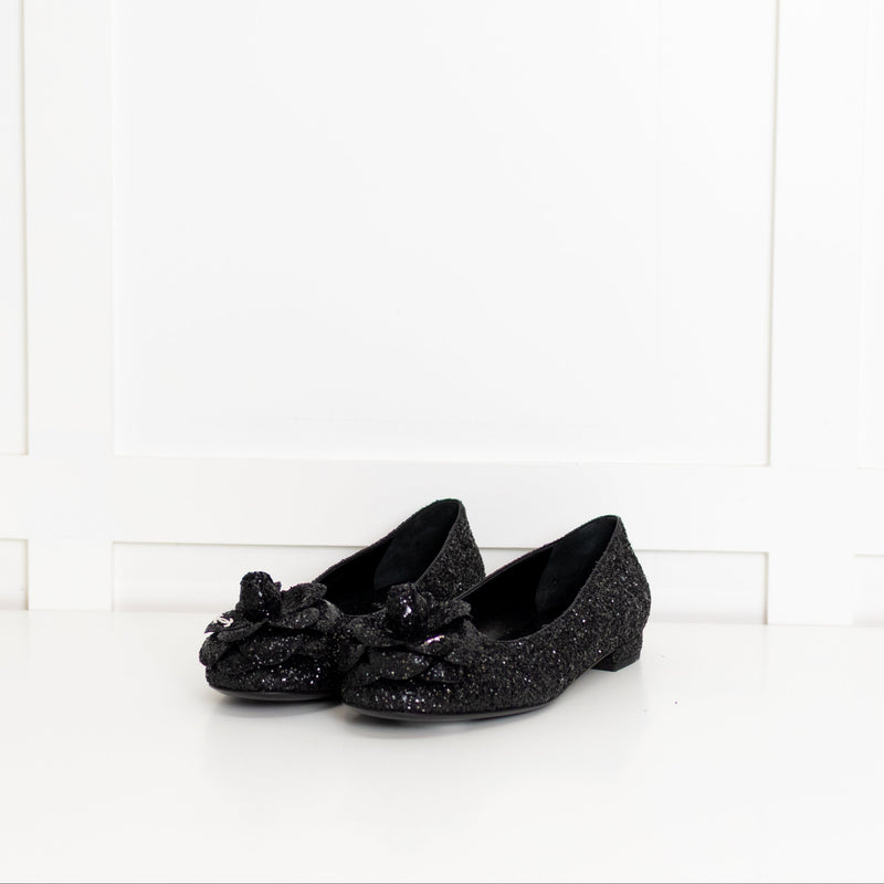 Chanel Black Glitter Camelia Flat Ballerinas