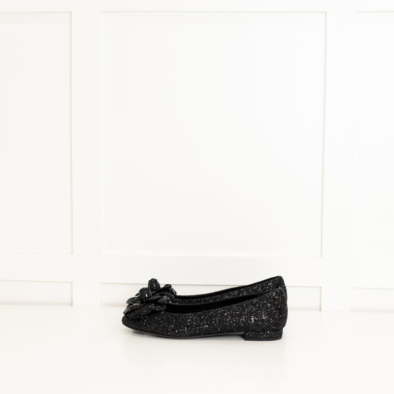 Chanel Black Glitter Camelia Flat Ballerinas
