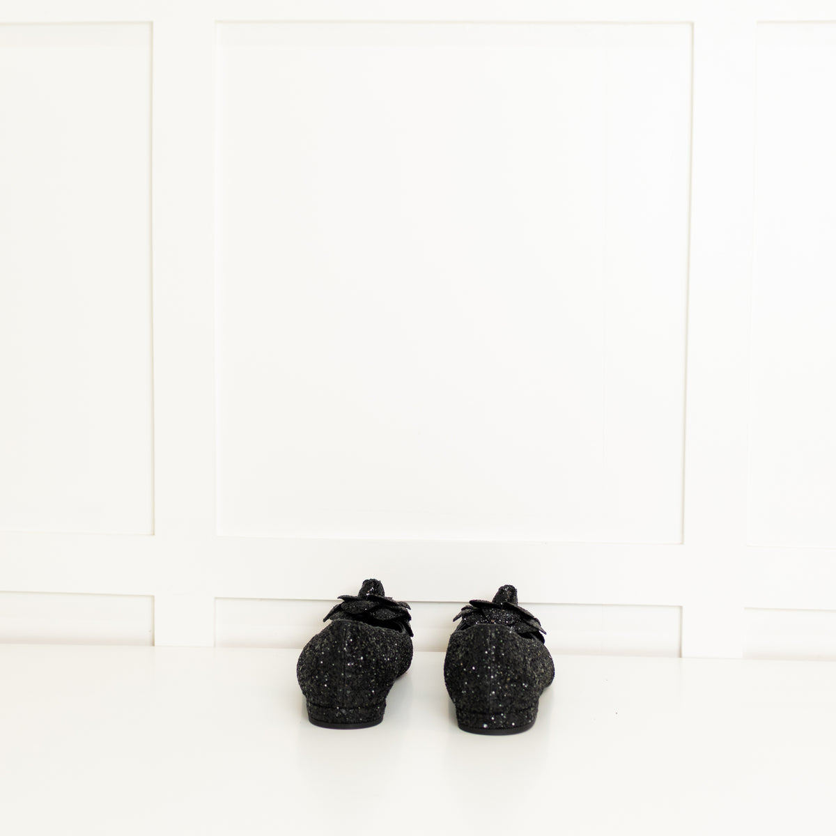 Chanel Black Glitter Camelia Flat Ballerinas