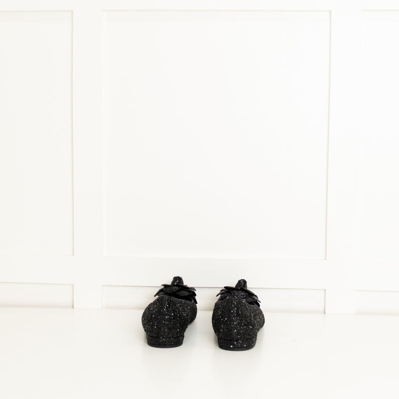 Chanel Black Glitter Camelia Flat Ballerinas