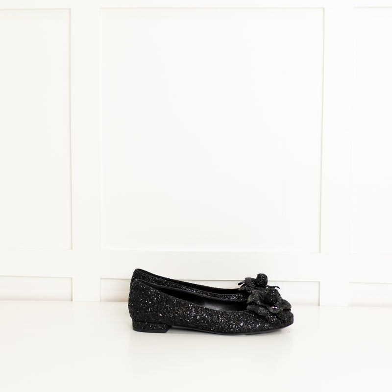 Chanel Black Glitter Camelia Flat Ballerinas