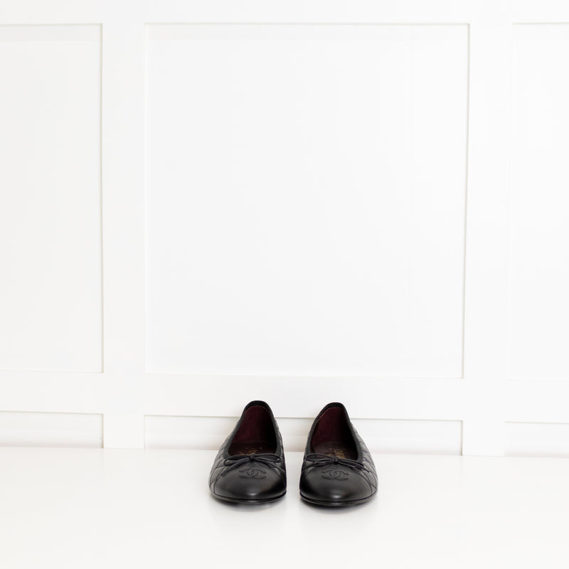 Chanel Black Quilted Lambskin Leather CC Top Flat Ballerinas