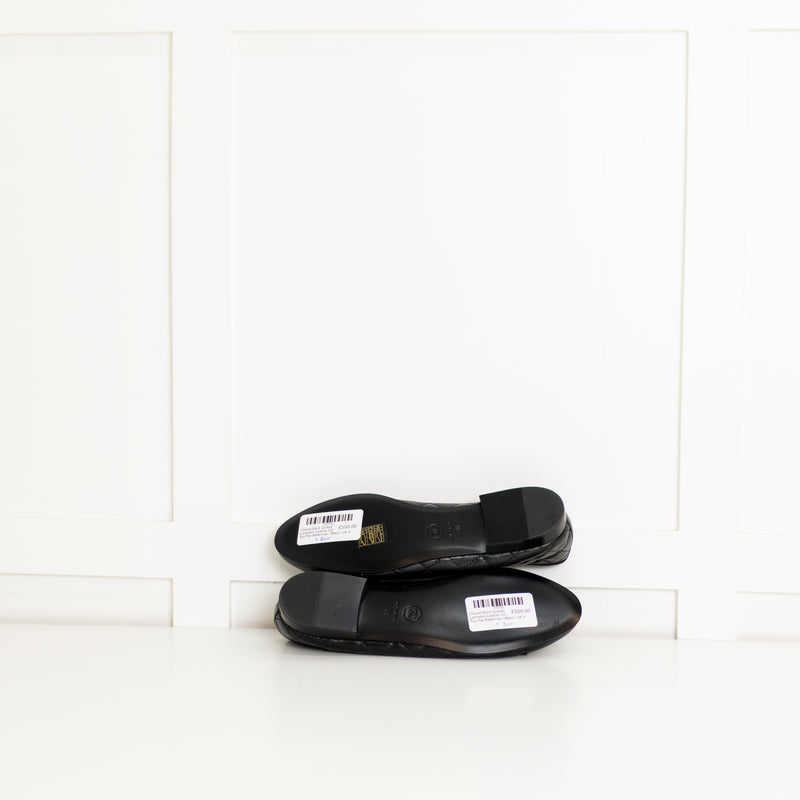 Chanel Black Quilted Lambskin Leather CC Top Flat Ballerinas