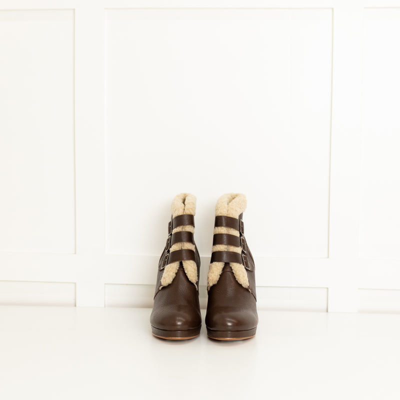 See By Chloe Brown Leather Cream Fur Trim Heeled Ankle Boots