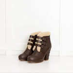 See By Chloe Brown Leather Cream Fur Trim Heeled Ankle Boots