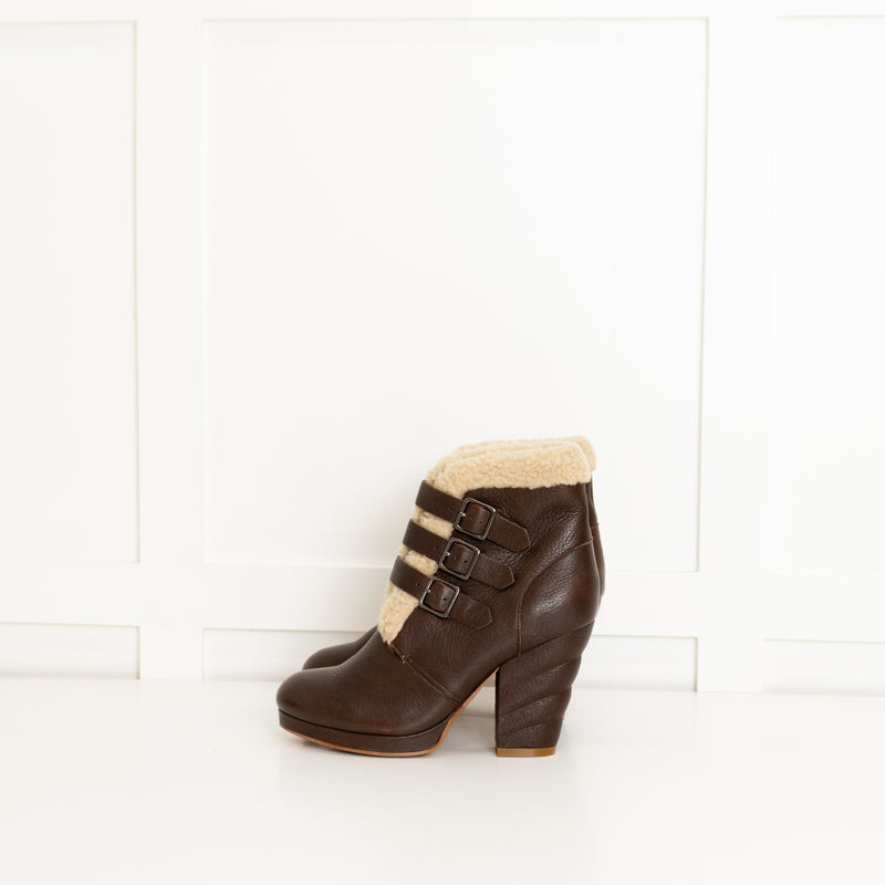 See By Chloe Brown Leather Cream Fur Trim Heeled Ankle Boots