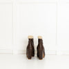 See By Chloe Brown Leather Cream Fur Trim Heeled Ankle Boots