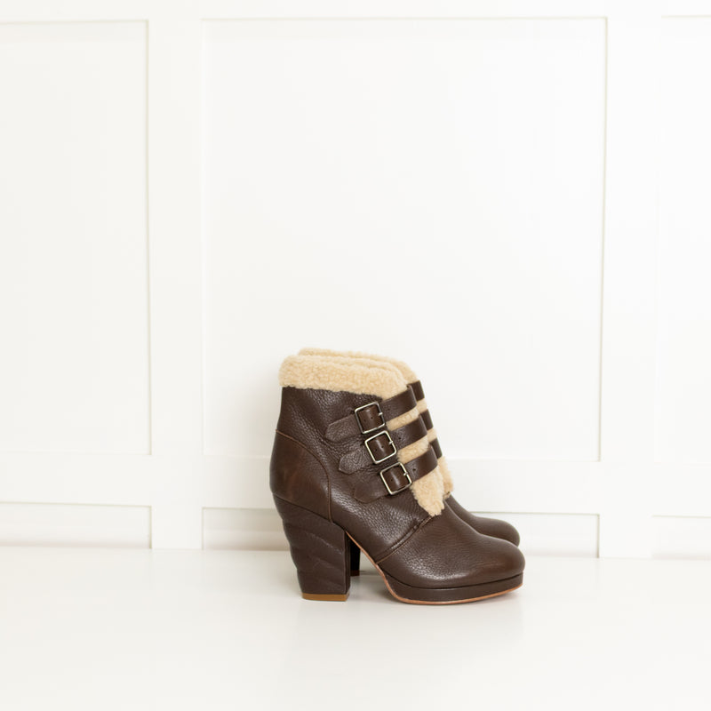 See By Chloe Brown Leather Cream Fur Trim Heeled Ankle Boots