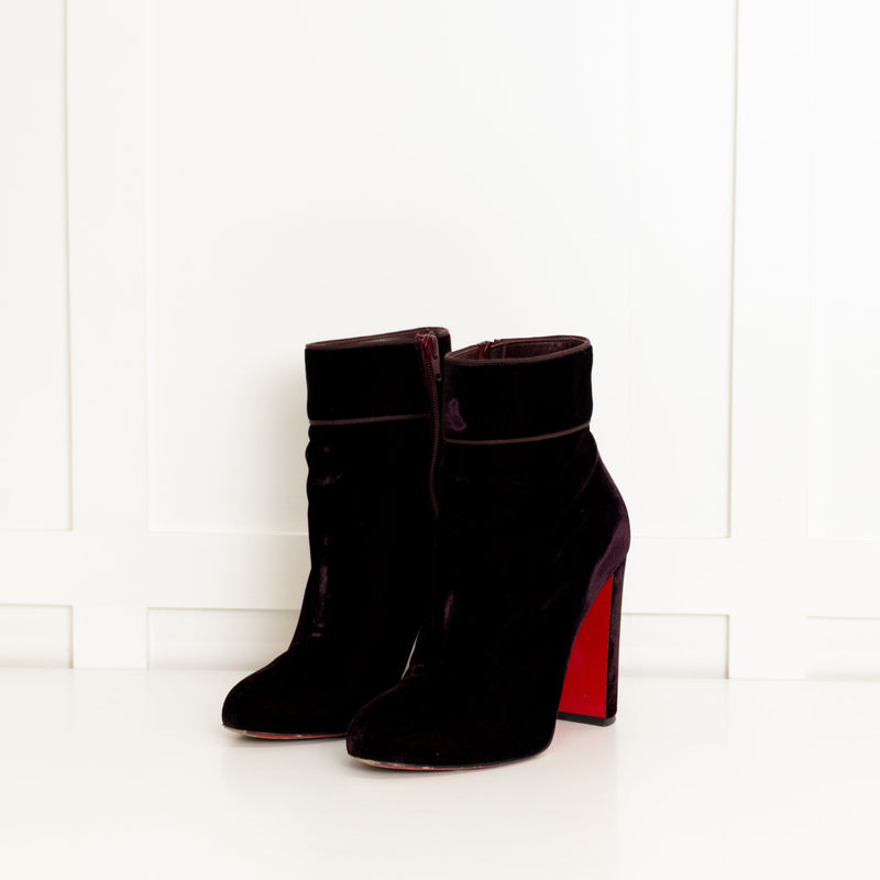 Christian Louboutin Dark Purple Velvet Block Heel Ankle Boots