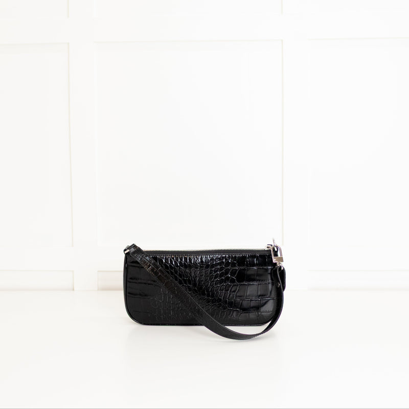 By Far Black Croc Embossed Rachel Shoulder Bag