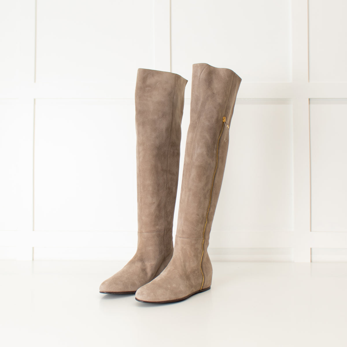 Stuart Weitzman Neutral Side Gold Zip Suede Knee Length Boots