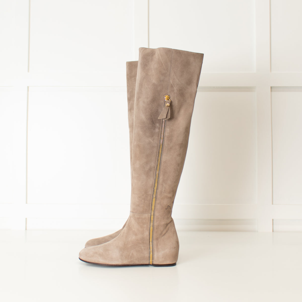 Stuart Weitzman Neutral Side Gold Zip Suede Knee Length Boots