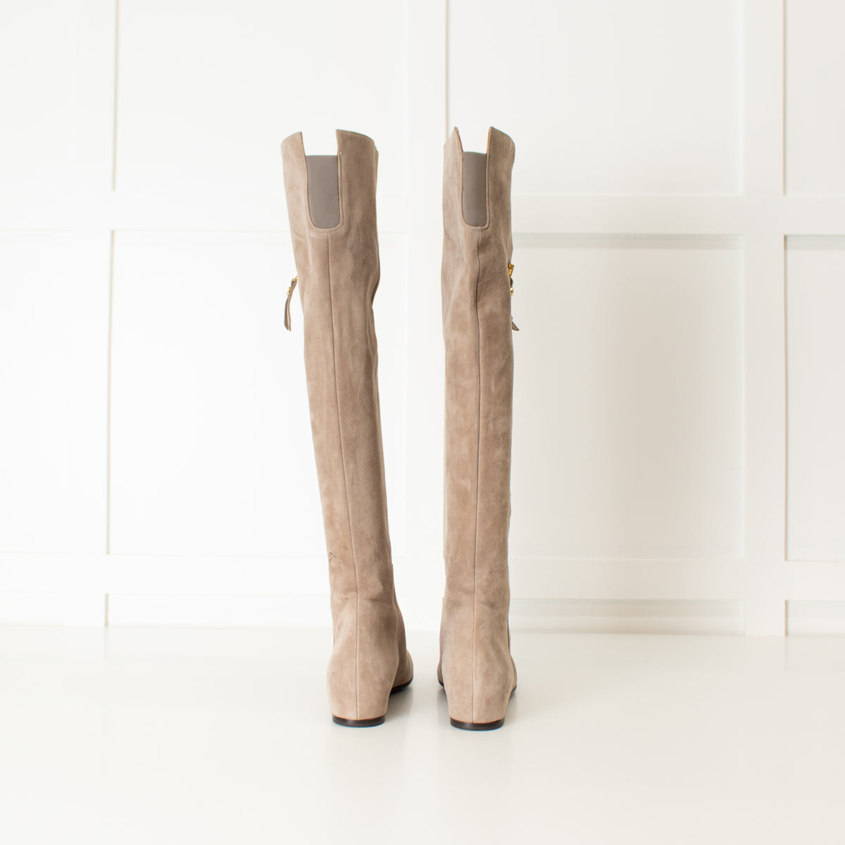 Stuart Weitzman Neutral Side Gold Zip Suede Knee Length Boots
