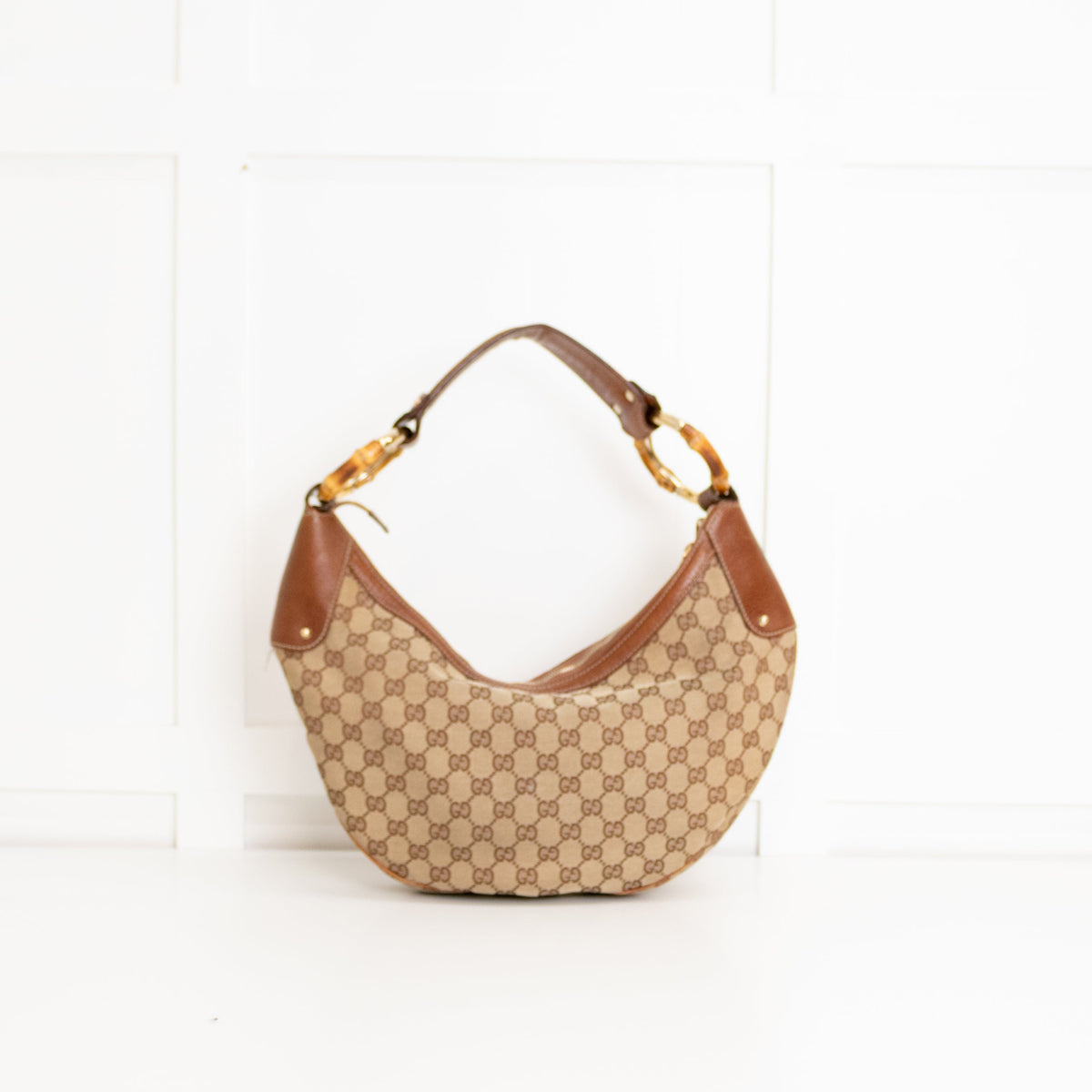 Gucci Tan Canvas Monogram Bamboo Half Moon Hobo Bag