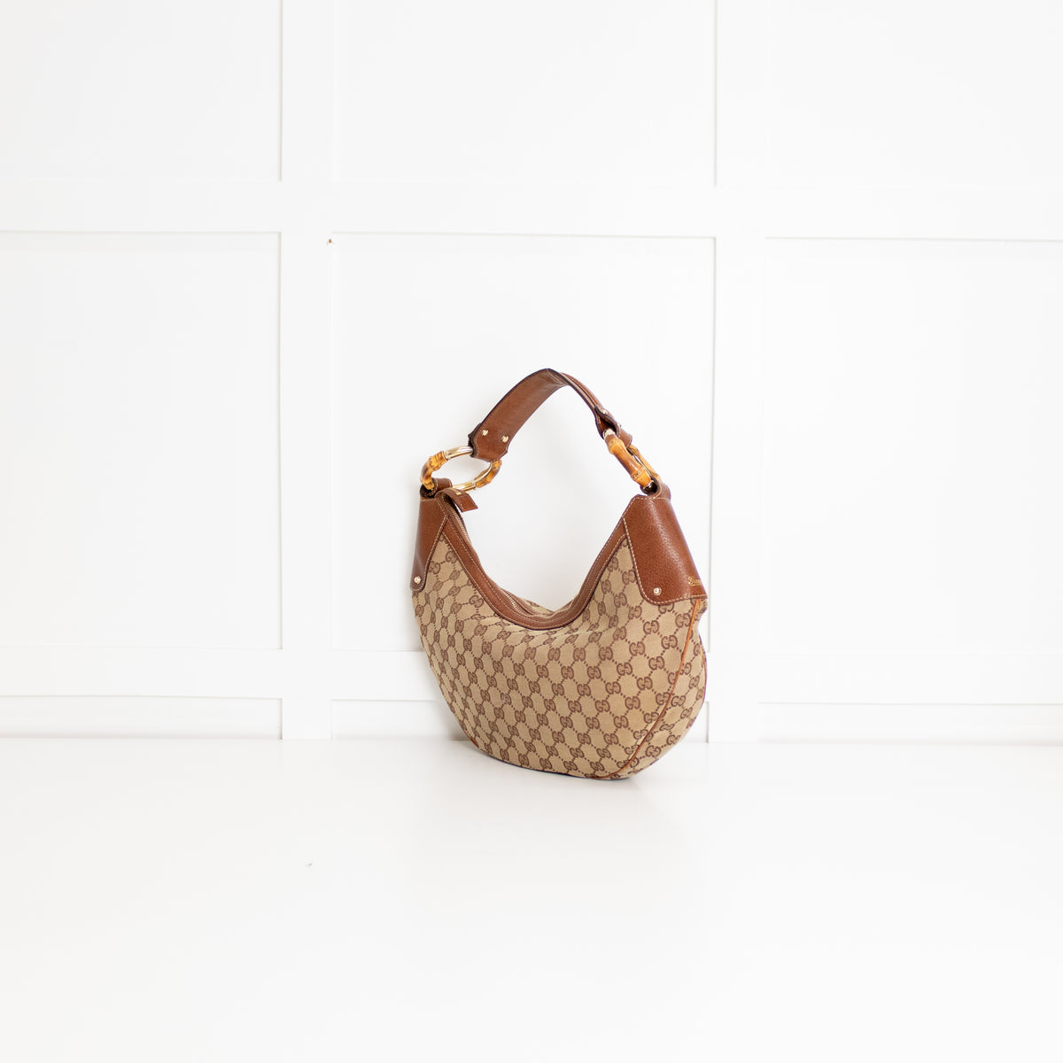 Gucci Tan Canvas Monogram Bamboo Half Moon Hobo Bag