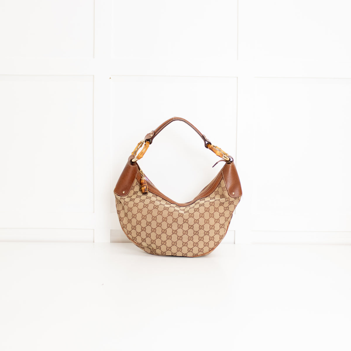 Gucci Tan Canvas Monogram Bamboo Half Moon Hobo Bag