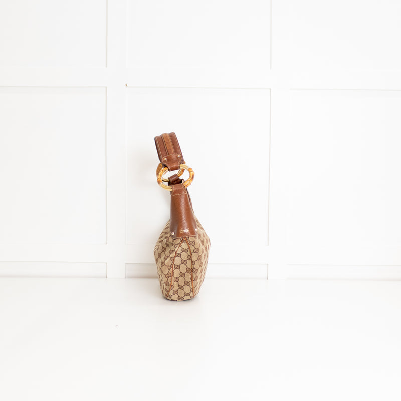Gucci Tan Canvas Monogram Bamboo Half Moon Hobo Bag
