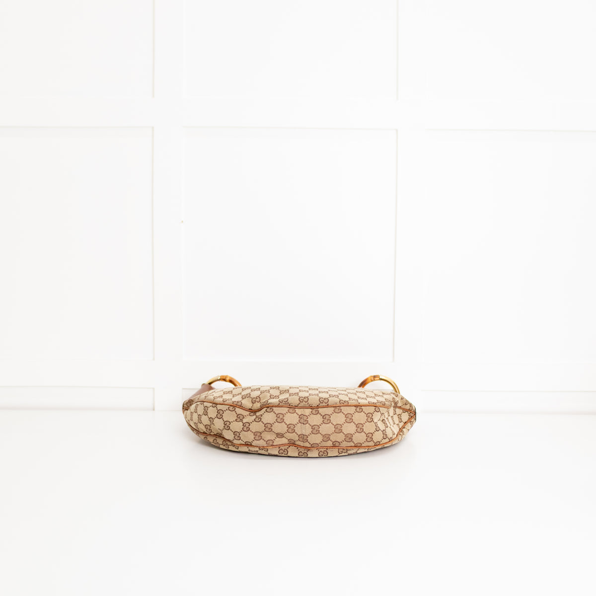 Gucci Tan Canvas Monogram Bamboo Half Moon Hobo Bag