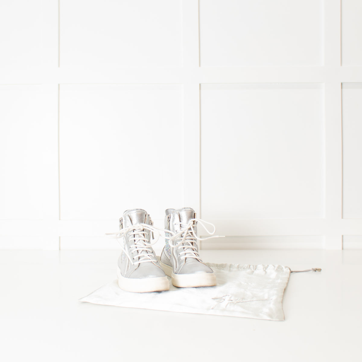 Giuseppe Zanotti Silver Multi Diamante Leather High Top Trainers