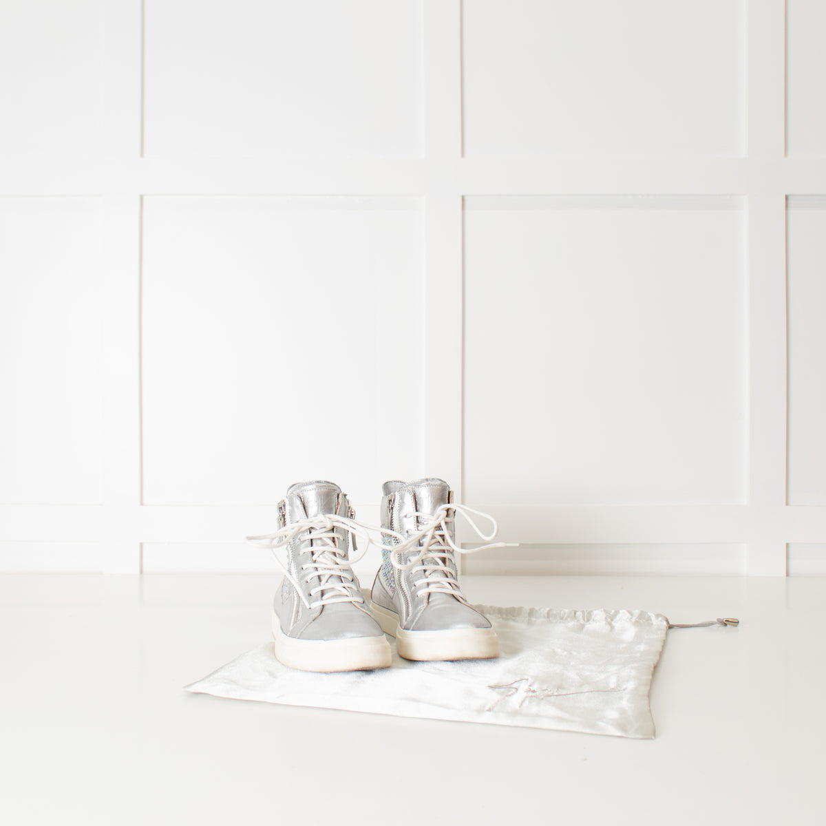 Giuseppe Zanotti Silver Multi Diamante Leather High Top Trainers