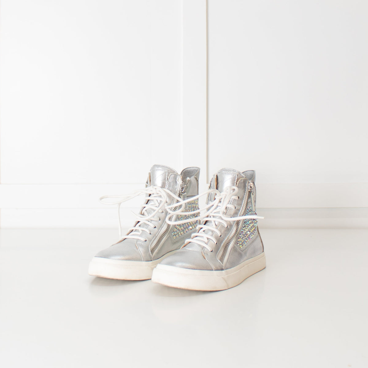 Giuseppe Zanotti Silver Multi Diamante Leather High Top Trainers