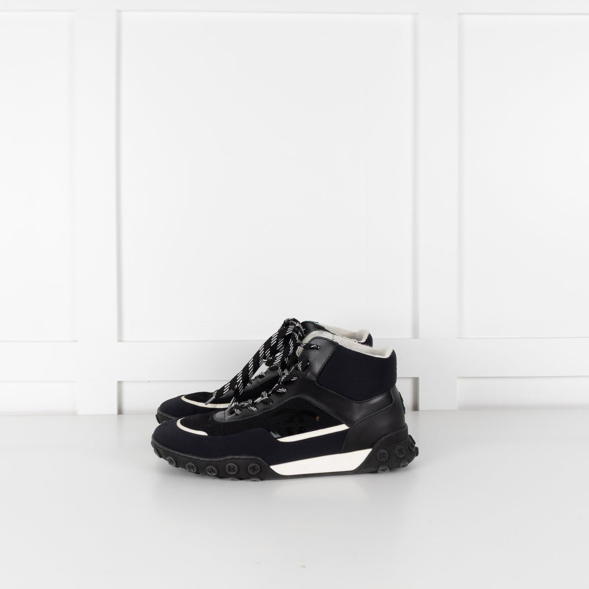 Chanel Black White Trim Interlocking CC Mesh Trainers