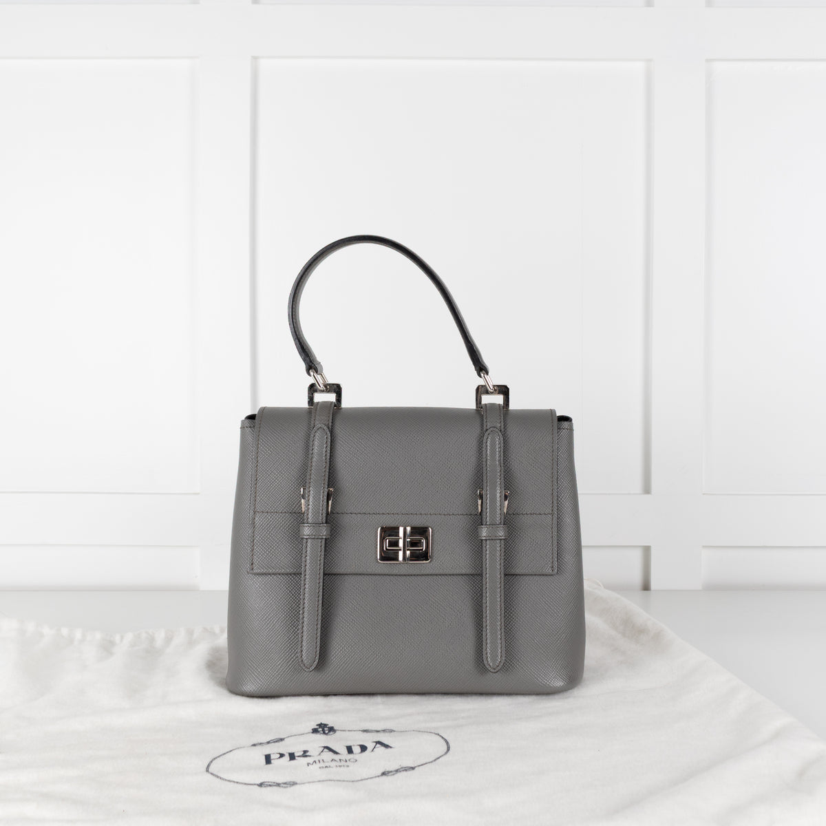 Prada Grey Saffiano Leather Turn Lock Flap Top Handle Bag