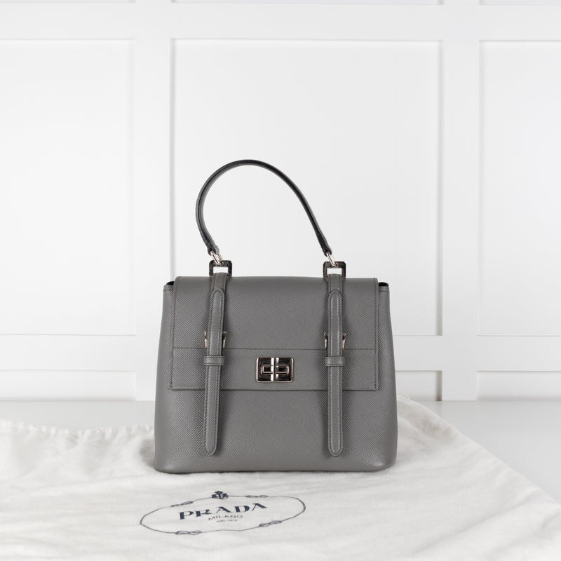 Prada Grey Saffiano Leather Turn Lock Flap Top Handle Bag