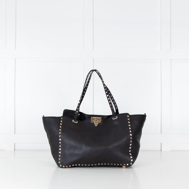Valentino Black Grained Leather Rockstud Tote Bag