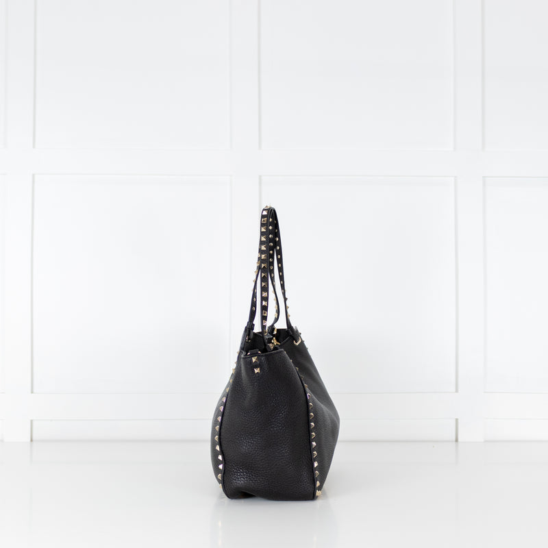 Valentino Black Grained Leather Rockstud Tote Bag