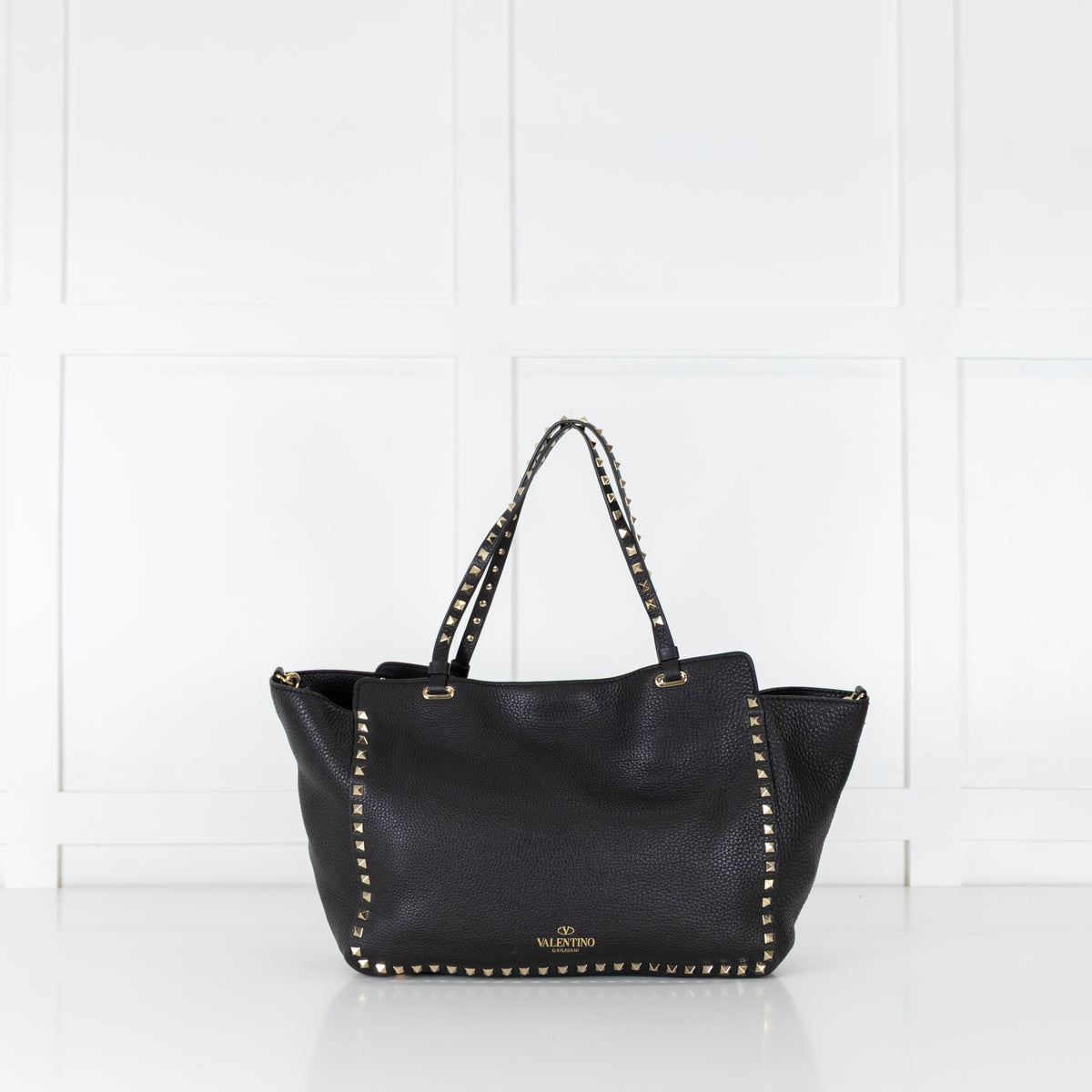 Valentino Black Grained Leather Rockstud Tote Bag