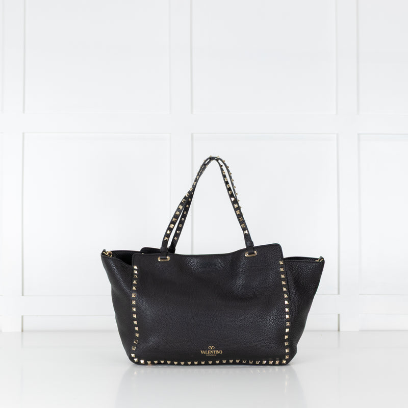 Valentino Black Grained Leather Rockstud Tote Bag