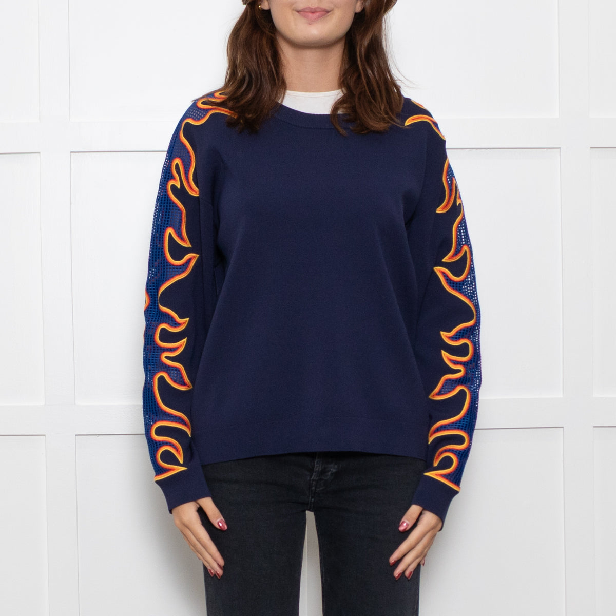 Sandro Dark Blue Flame Motif Knitted Jumper