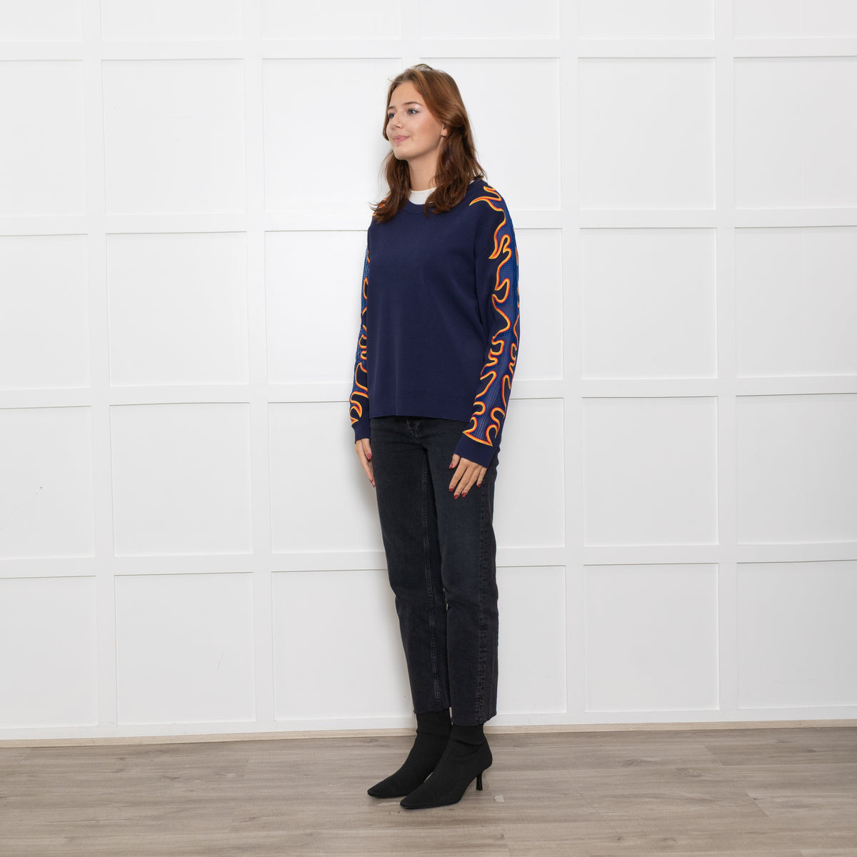 Sandro Dark Blue Flame Motif Knitted Jumper