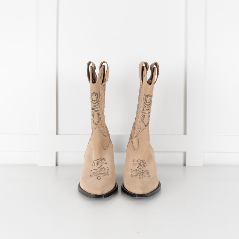 Zadig & Voltaire Neutral Suede Black Embroidery Cowboy Boots
