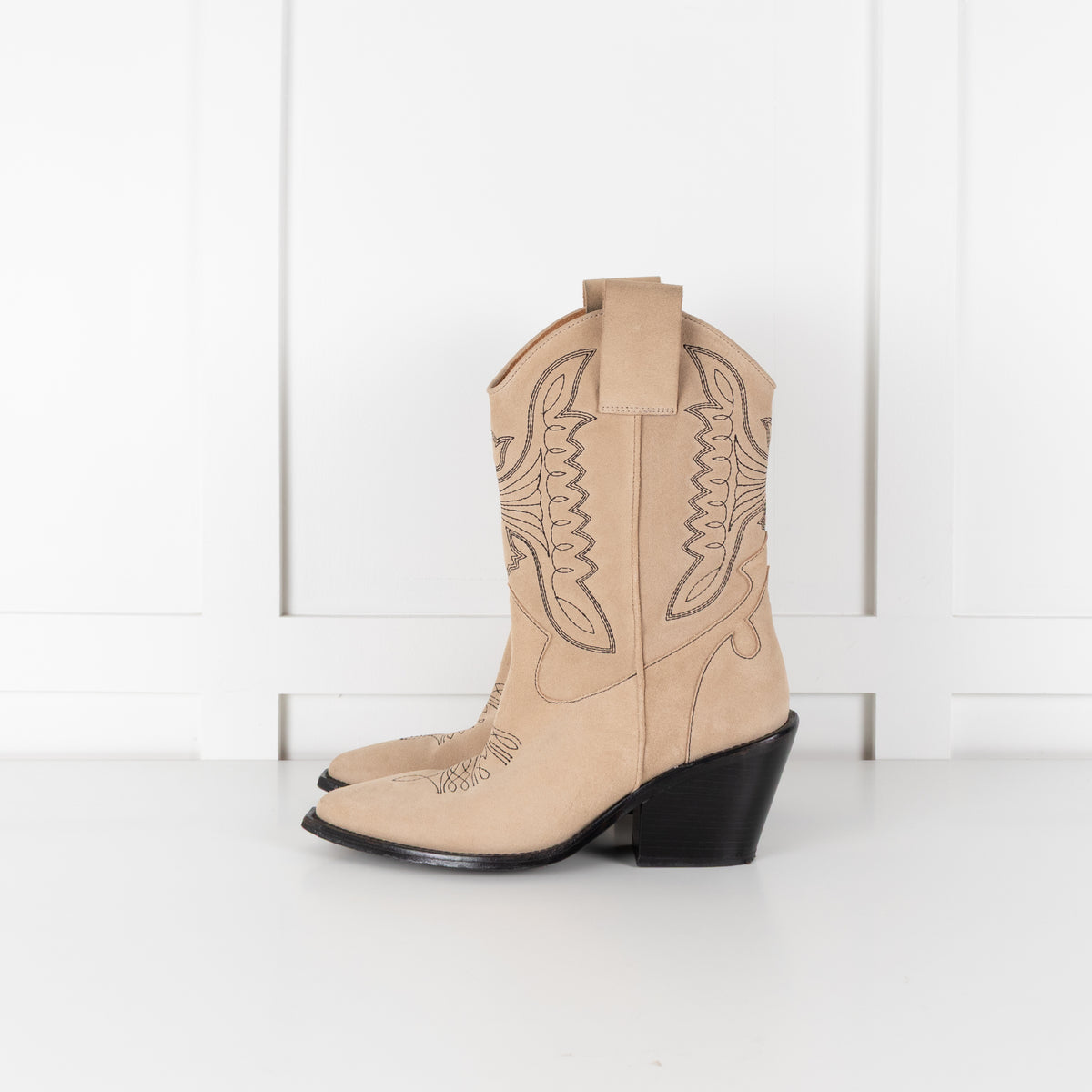 Zadig & Voltaire Neutral Suede Black Embroidery Cowboy Boots