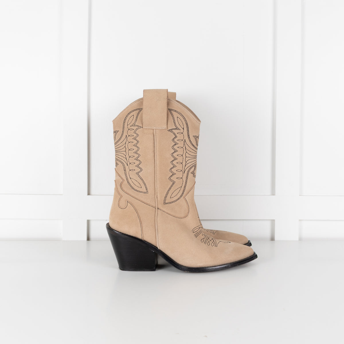 Zadig & Voltaire Neutral Suede Black Embroidery Cowboy Boots