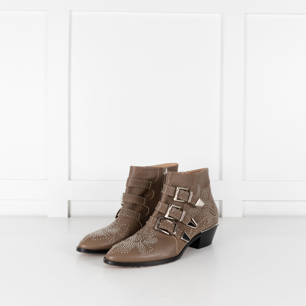Chloe Taupe Susanna Silver Studded Leather Ankle Boots