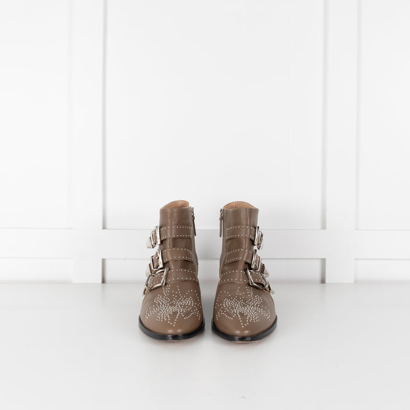 Chloe Taupe Susanna Silver Studded Leather Ankle Boots