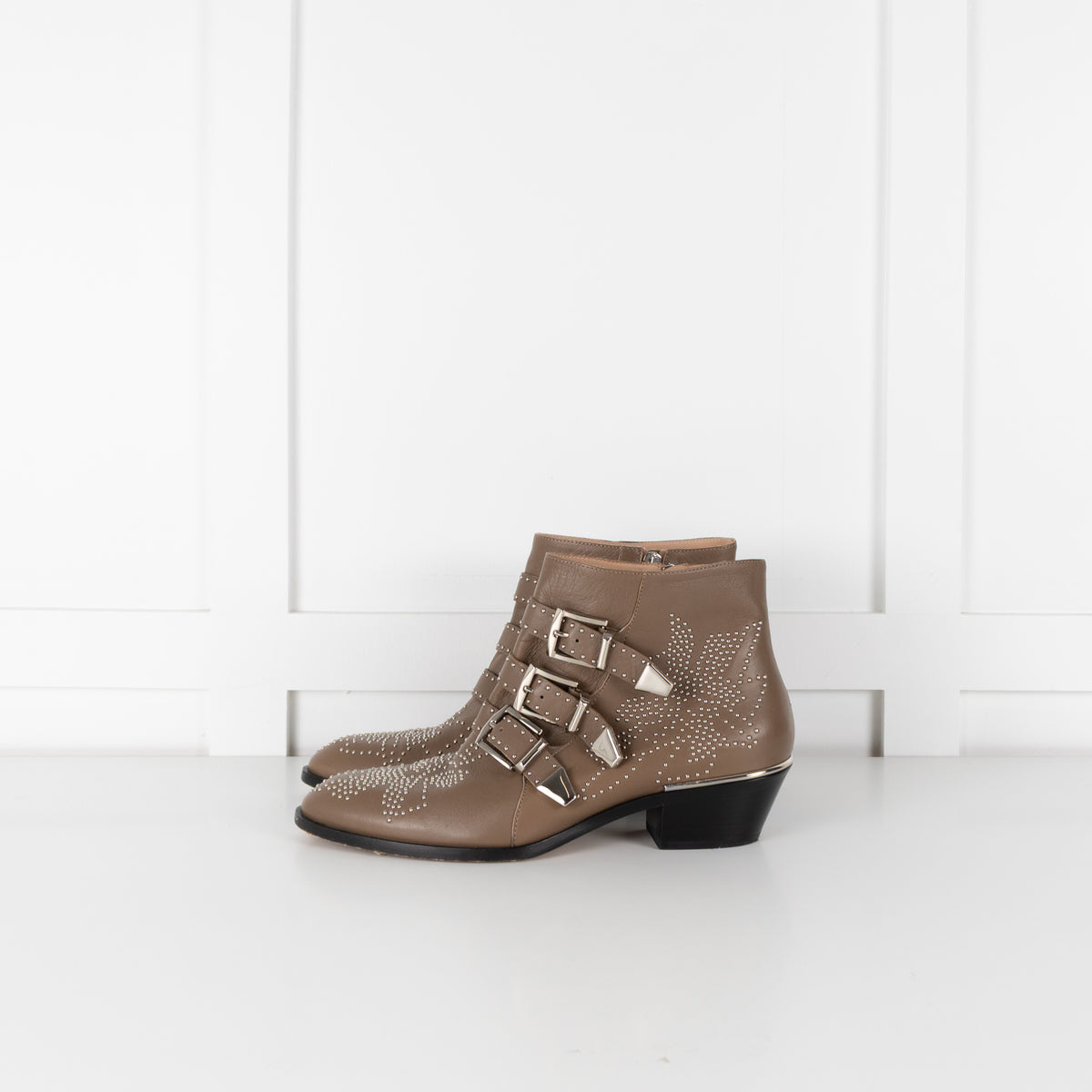 Chloe Taupe Susanna Silver Studded Leather Ankle Boots