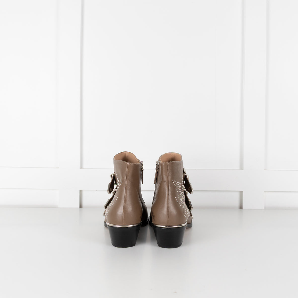 Chloe Taupe Susanna Silver Studded Leather Ankle Boots