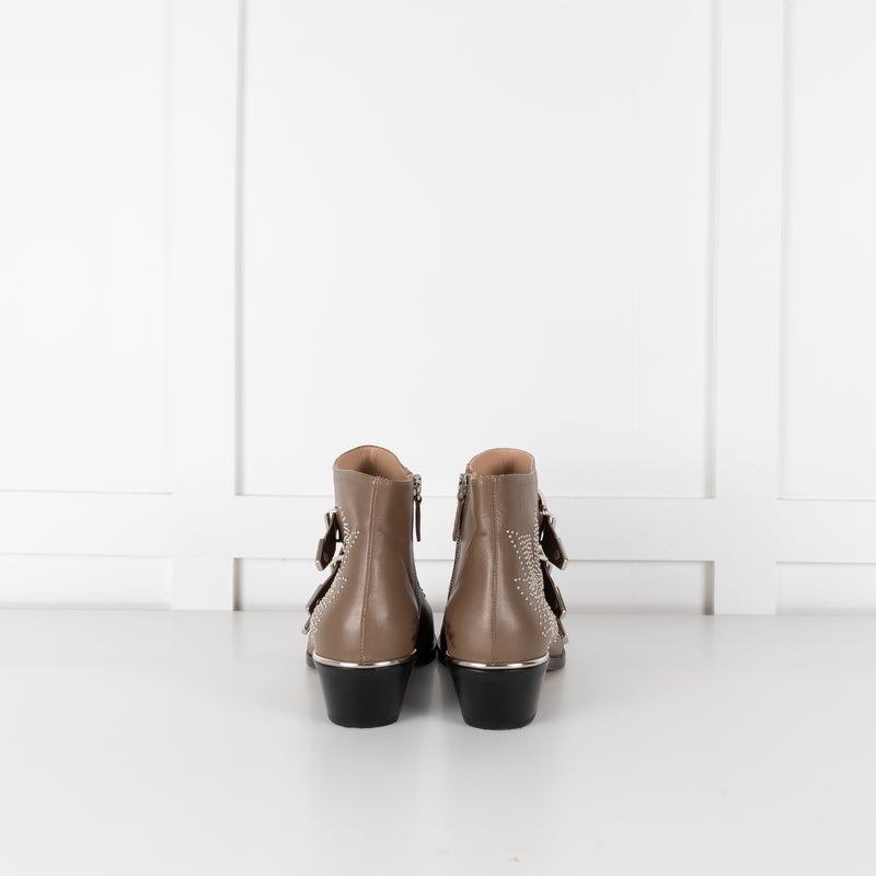 Chloe Taupe Susanna Silver Studded Leather Ankle Boots