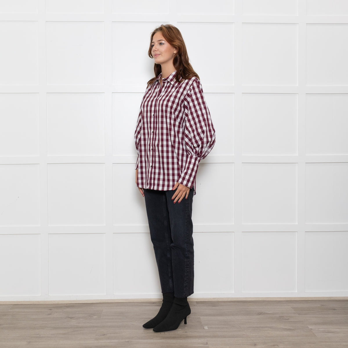 Lee Matthews Burgundy Check Puff Sleeve Shirt