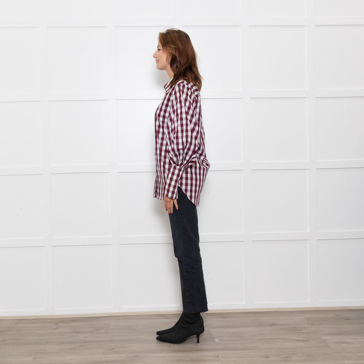 Lee Matthews Burgundy Check Puff Sleeve Shirt