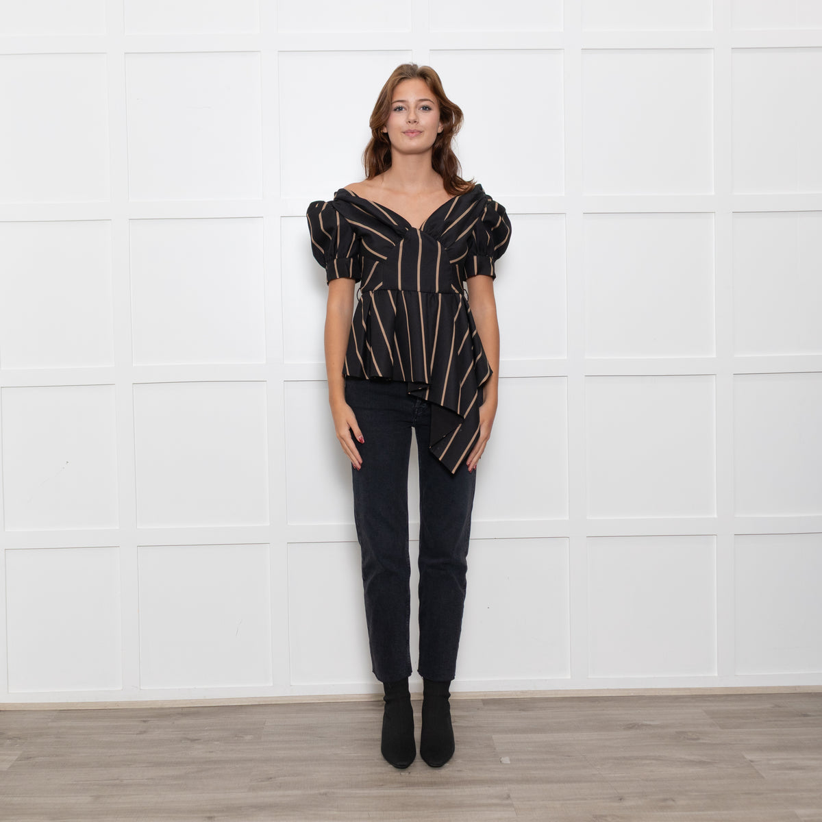 Self-Portrait Black Stripe Asymmetric Puff Shoulder Top