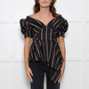 Self-Portrait Black Stripe Asymmetric Puff Shoulder Top