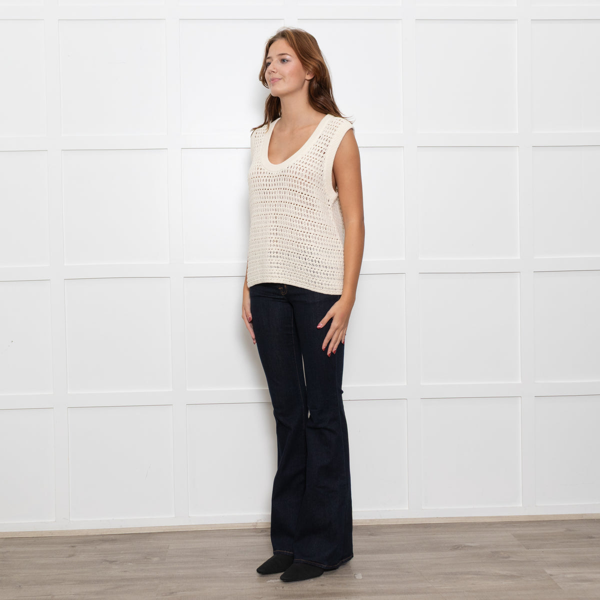 Me + Em Cream Crochet Sleeveless Jumper Vest
