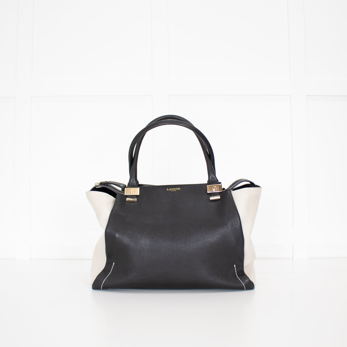 Lanvin Black Cream Trilogy Leather Tote Bag